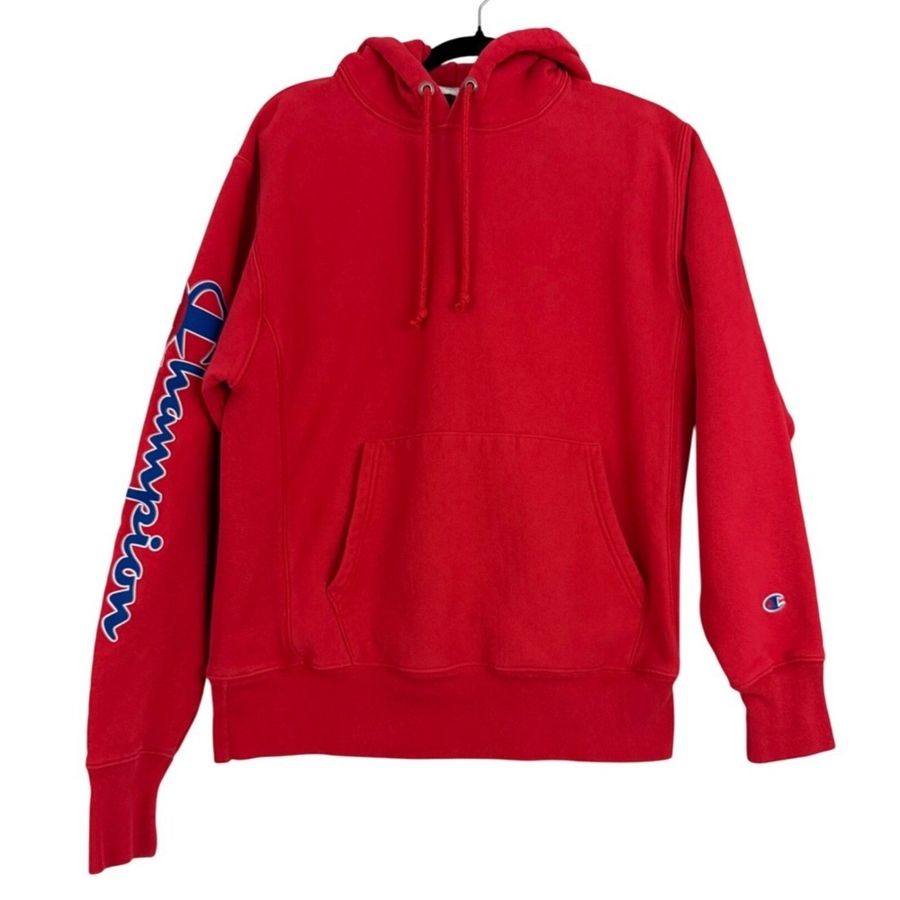Champion Reverse Weave Hoodie Mens Medium Red Script Sleeve Logo Pullover 90's